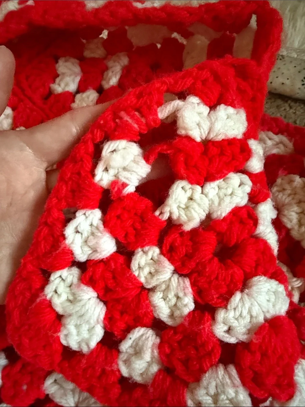 Hand Crafted Red and White Granny Square Crochet Throw Blanket